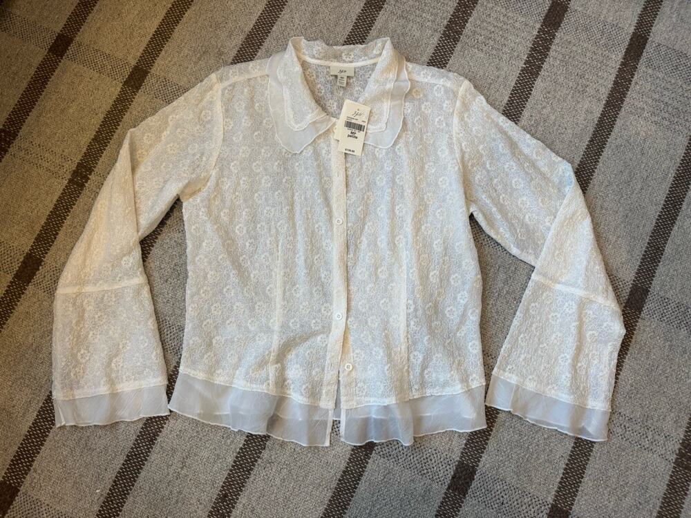 J Jill White Sheer Lace Blouse MP Embroidered New Bell Sleeve Long Sleeve Medium